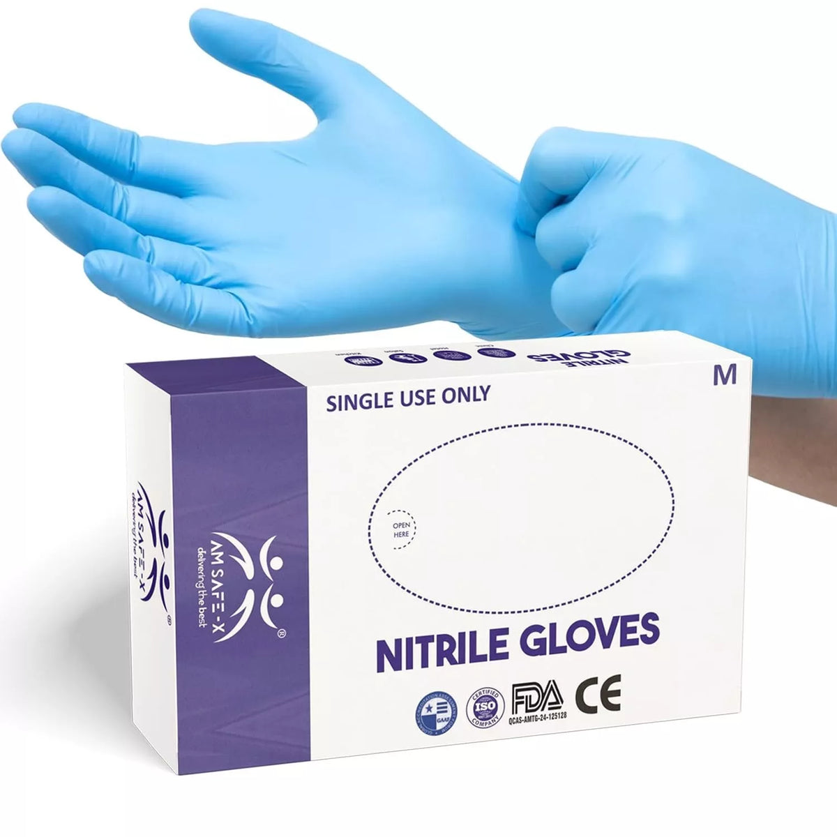 AM SAFE-X Blue Nitrile Gloves, Powder-Free, Medium - 100 Pcs