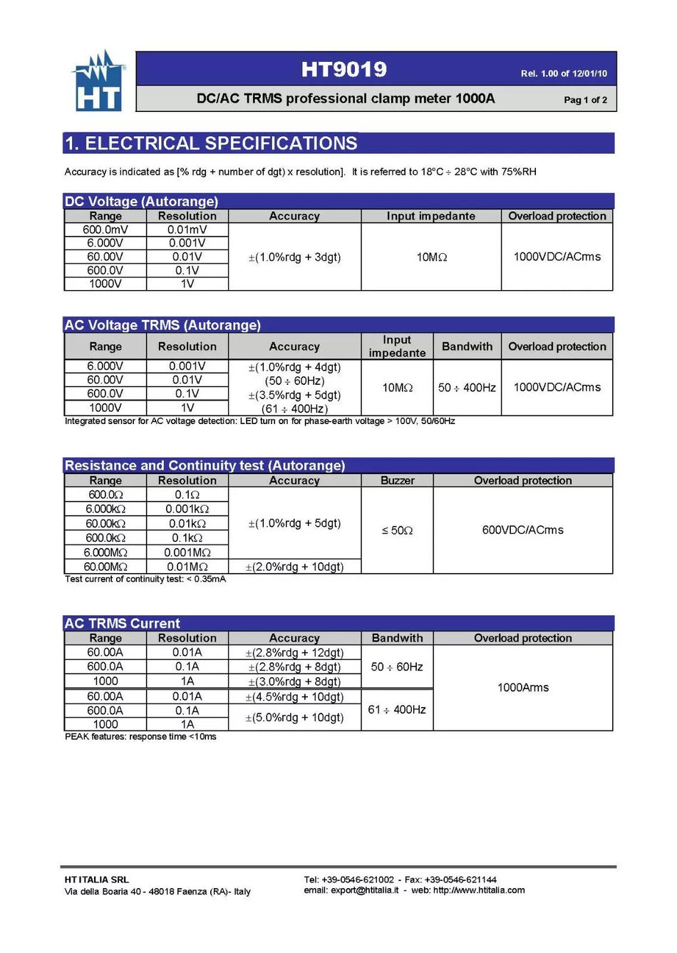 HT Instruments HT9019 Clamp Meter AC 1000A TRMS CAT IV