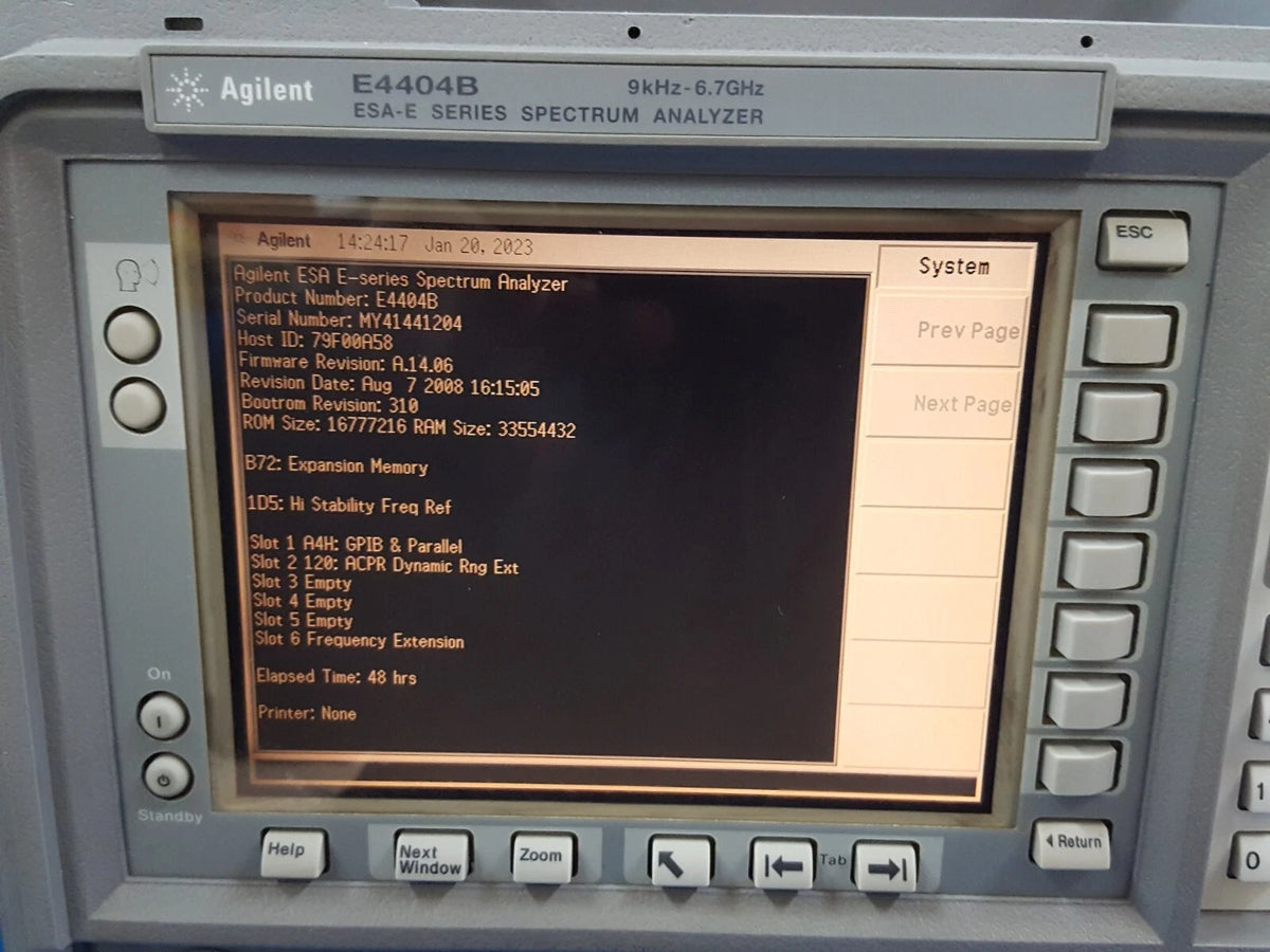 Agilent E4404B Spectrum Analyzer 9kHz - 6.7GHz W/Opt. B72 1D5 A4H 120 (1204)