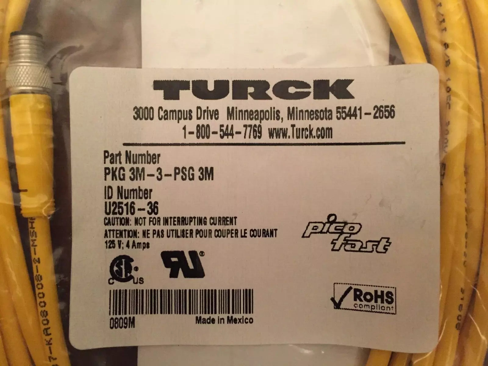 Turck PKG 3M-3-PSG 3M Cordset M8 Male to M8 Female 3 PIN PICOFAST Yellow 3M