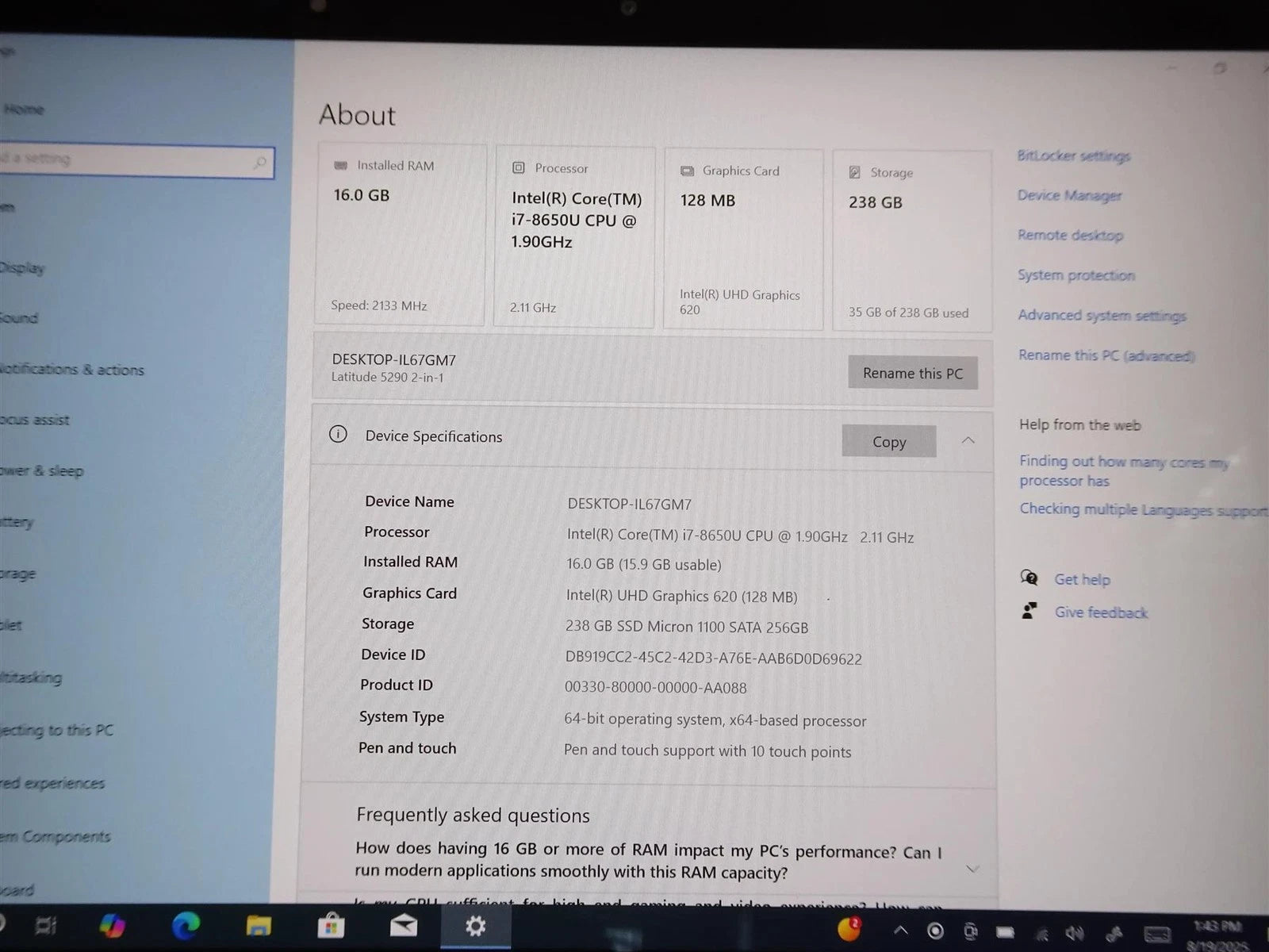 Dell Latitude 5290 2-in-1 Core i7-8650U 1.90GHz 16GB 256GB Touch Win 10 Pro