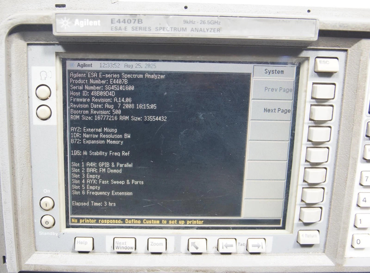 HP Agilent E4407B 9kHz - 26.5GHz Spectrum Analyzer Options B72 A4H BAA AYX Freq