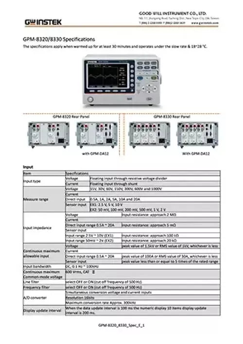 GW Instek GPM-8320 Power Meter 2 Channel 3-Phase Power Meter 1000V 20A GPIB
