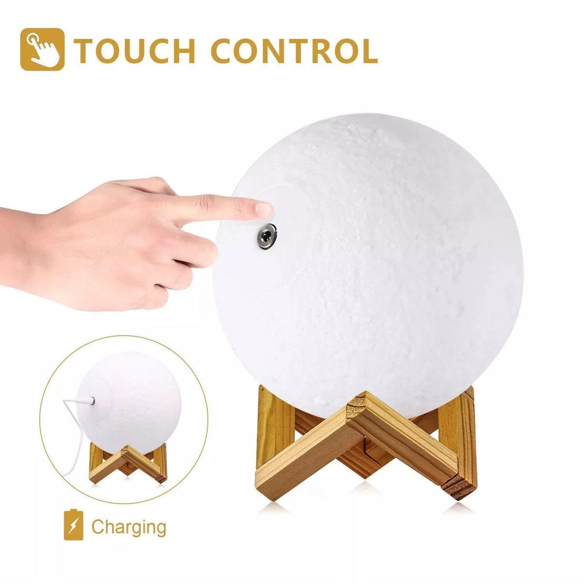 3D Printed Moon Lamp with Rechargeable Touch Control & Wooden Stand