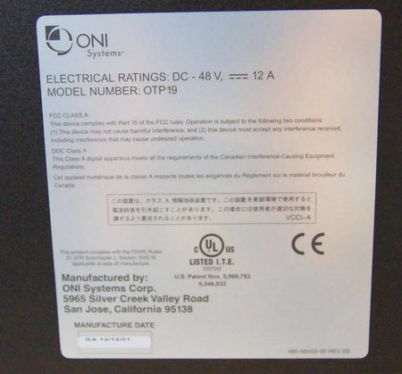 CIENA ONI OTP19 Chassis with 1x WPSW 2x OSCE 1x PSM 2x PSTAMP 3x PREAMP 1x WPSE