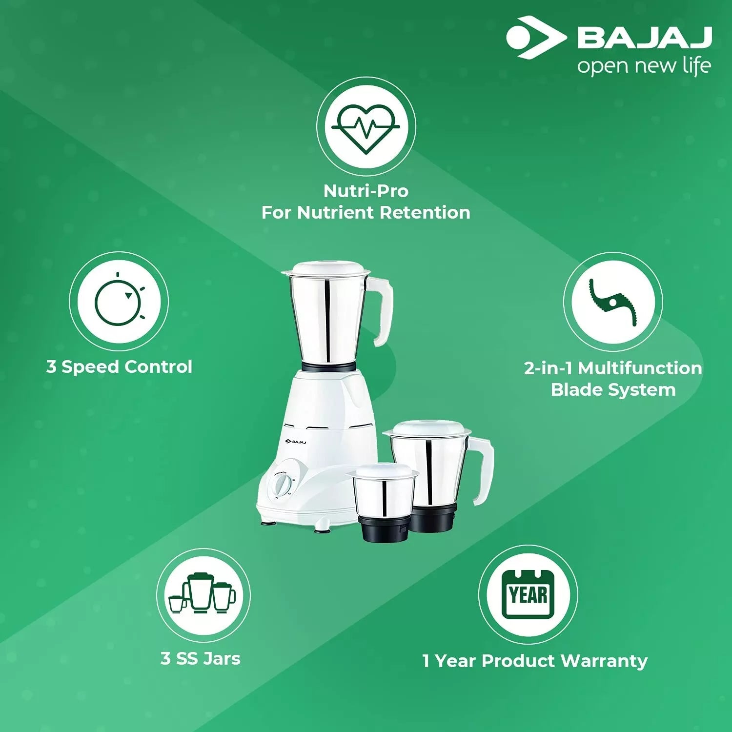 Bajaj Rex Mixer Grinder 500W with 3 SS Jars Nutri-Pro