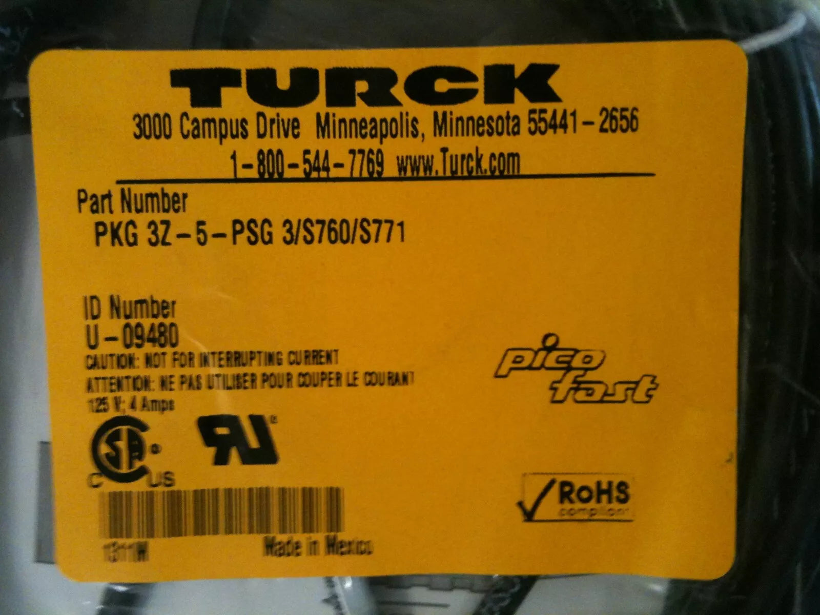 Turck PKG 3Z-5-PSG 3-S760-S771, U-09480 Sensor Cordsets & Receptacles, 5M