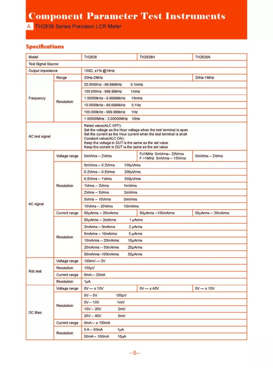Tonghui TH2838H LCR Meter 1MHz 5mVrms-20Vrms 100mArms 40V