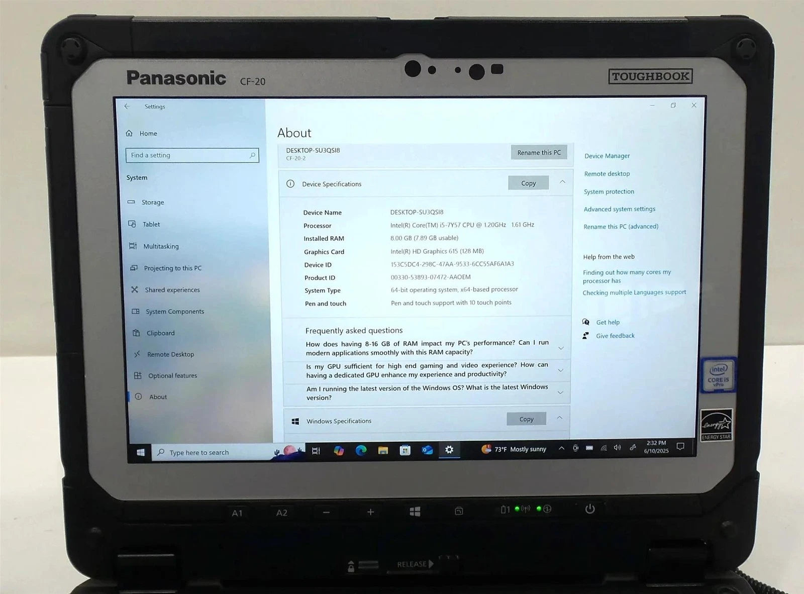 Panasonic Toughbook CF-20 Core i5-7Y57 1.2GHz 8GB 128GB SSD Win 10 Pro