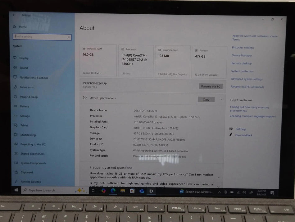 Microsoft Surface Pro 7 1866 Core i7-1065G7 1.3GHz 16GB 512GB Win 10 Pro