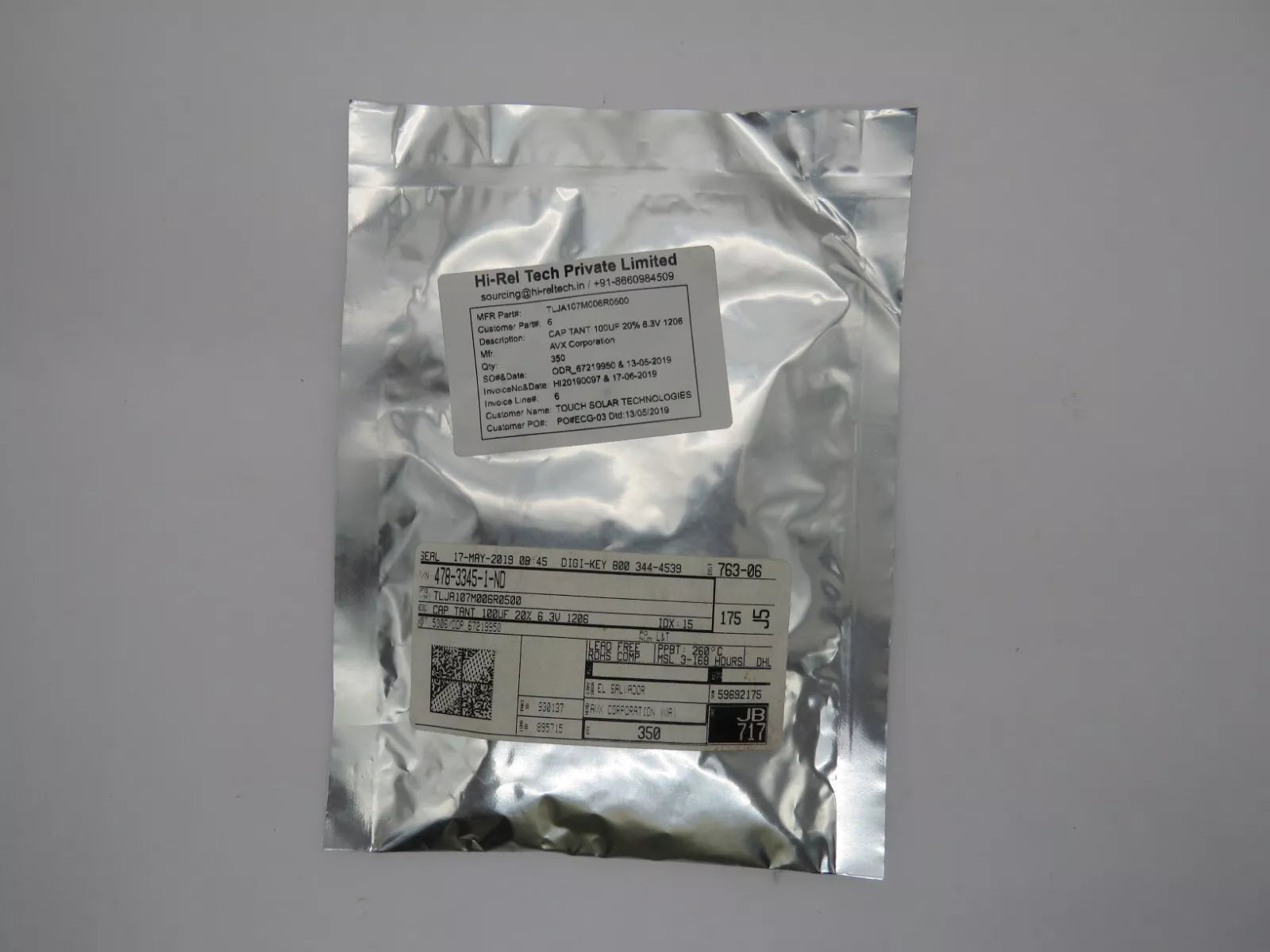 AVX Corporation SMDTLJA107M006R0500 Tantalum Solid Capacitors 100UF 6.3V 1206