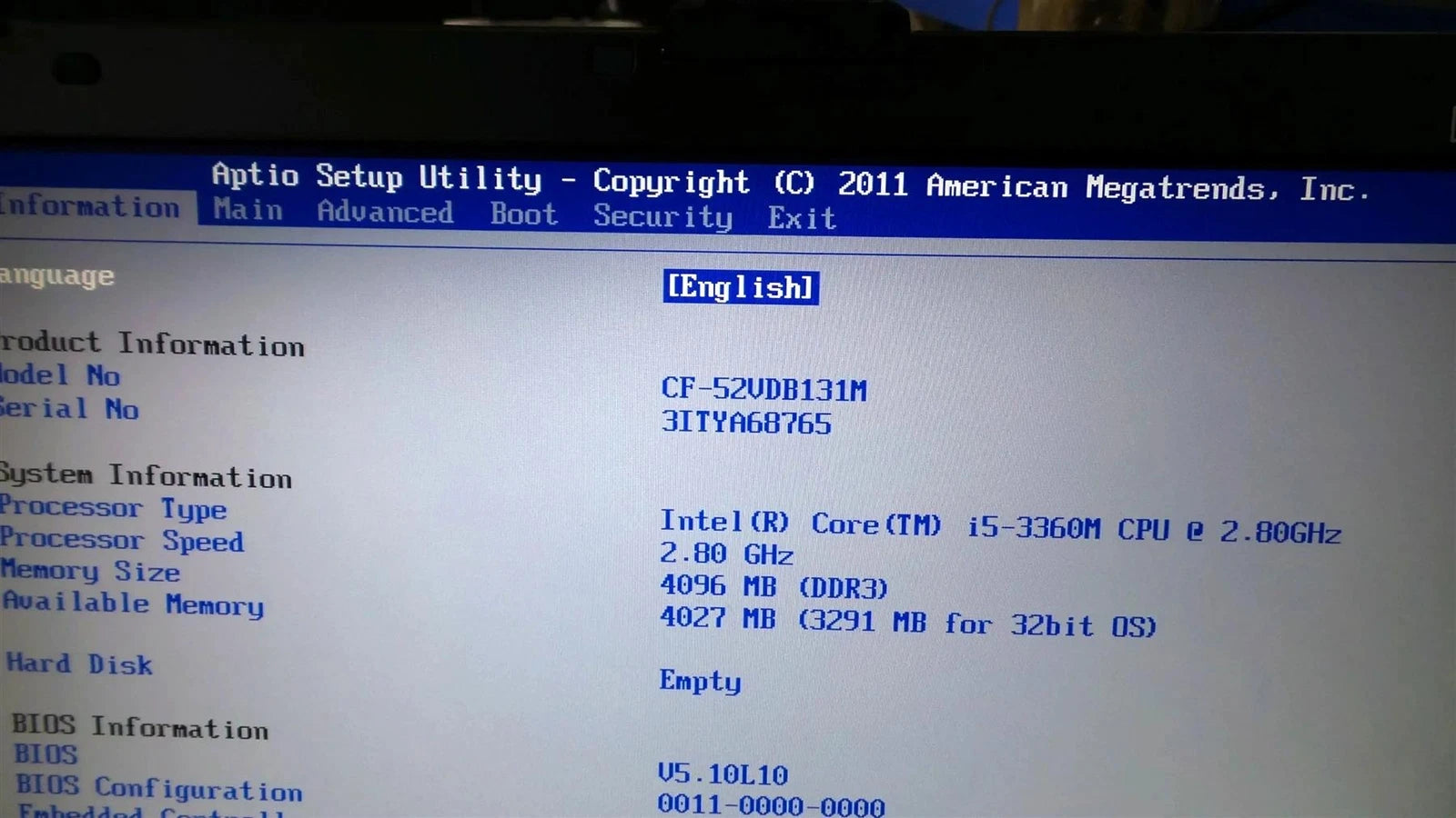 Panasonic Toughbook CF-52 MK5 Core i5-3360M 2.8GHz 4GB RAM (No Hard Drive)