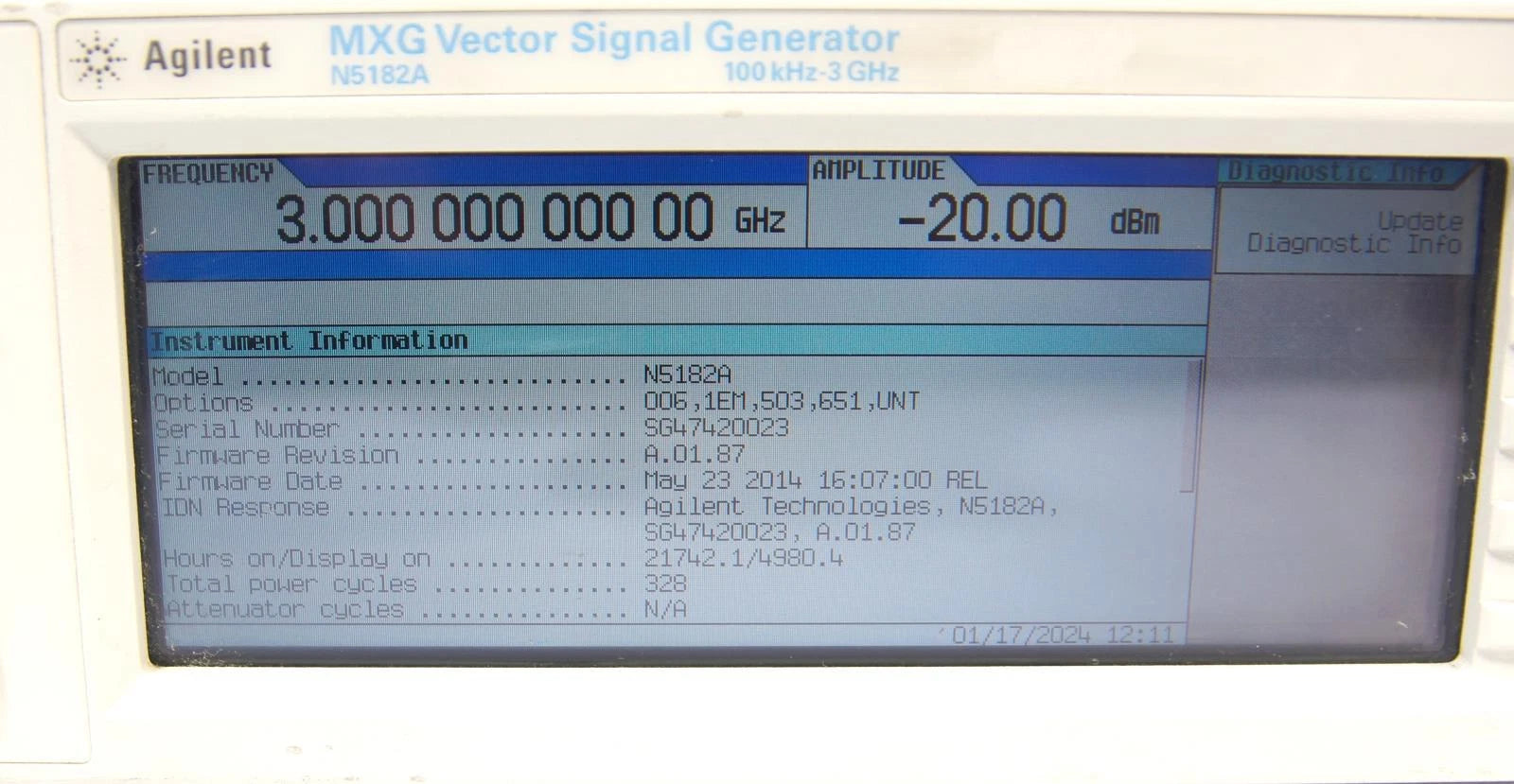 Agilent N5182A 3GHz MXG RF Vector Signal Generator OPT 006 1EM 503 651 UNT