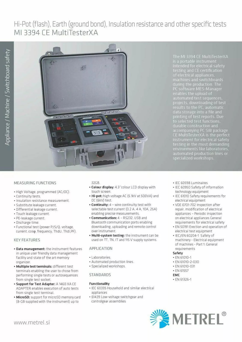 Metrel MI 3394 CE MultiTesterXA HiPot Ground Insulation Resistance Test Standard