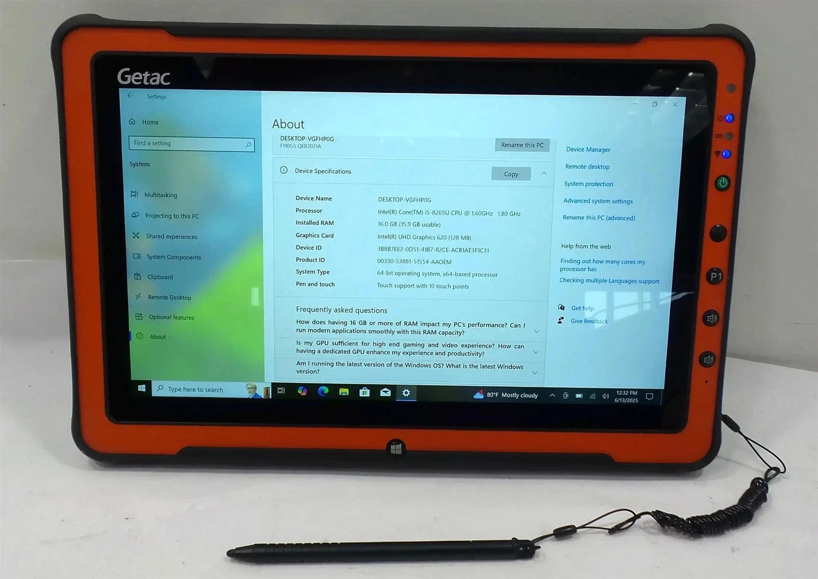Getac F110 G5 FHD Touch Core i5-8265U 1.60GHz 16GB 256GB Win 10 Pro Tablet