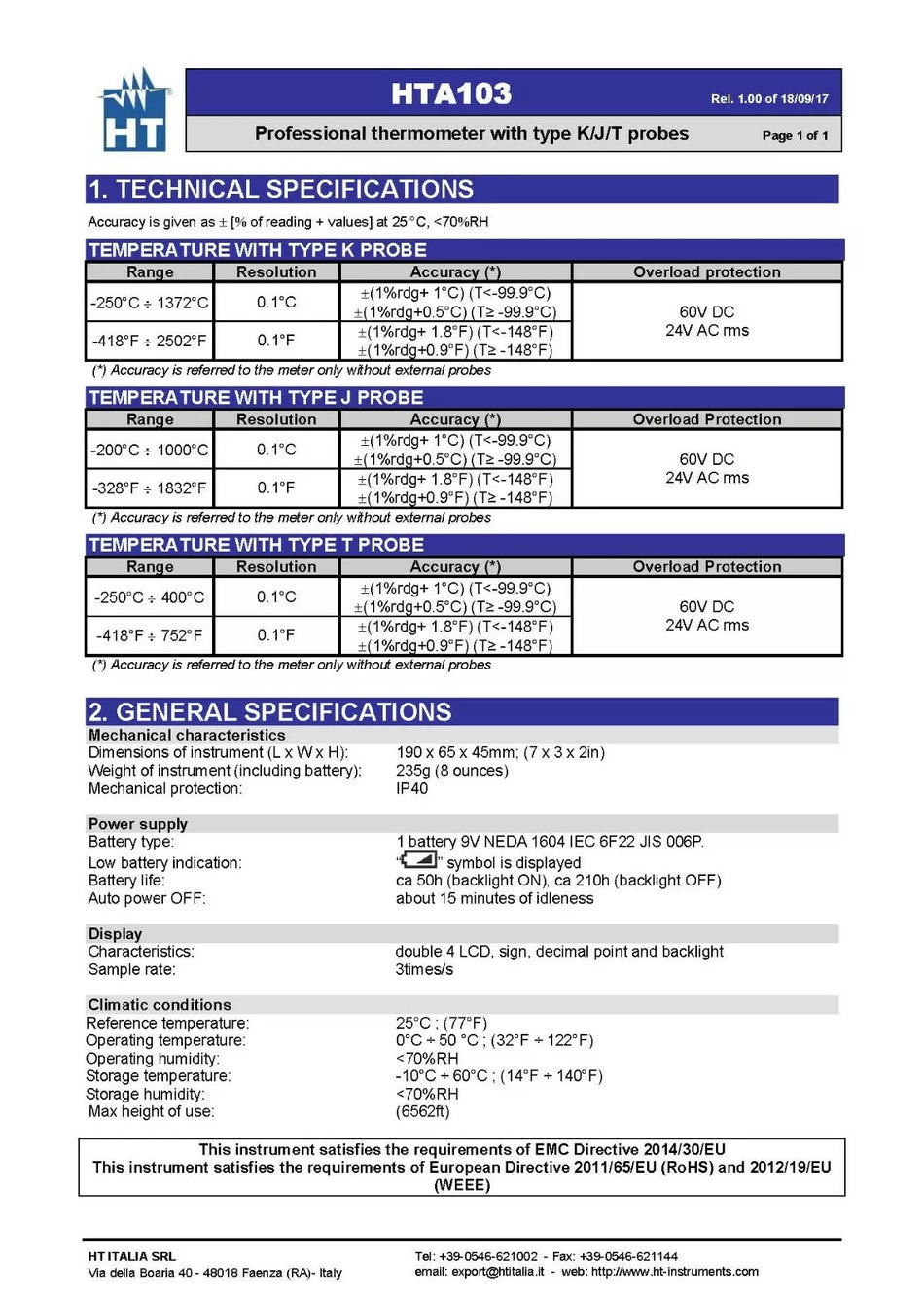 HT Instruments HTA103 Thermometer for Measuring Temperature with K/J-Type Probe