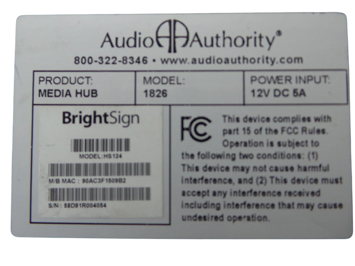 BrightSign Built-In 1826 Audio Authority Media Hub HS124 - Free Shipping