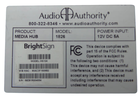 BrightSign Built-In 1826 Audio Authority Media Hub HS124 - Free Shipping