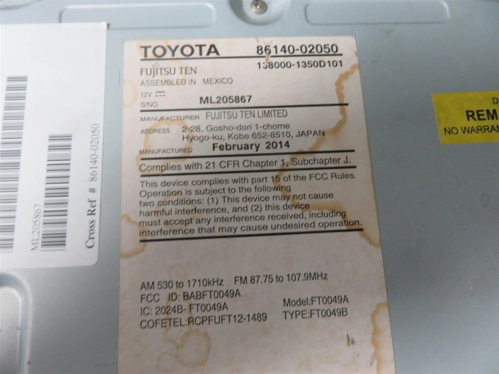 14 -16 TOYOTA COROLLA 100149 RADIO CD PLAYER  86140-02050 - Free shipping