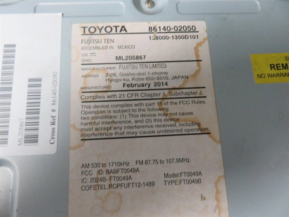 14 -16 TOYOTA COROLLA 100149 RADIO CD PLAYER  86140-02050 - Free shipping