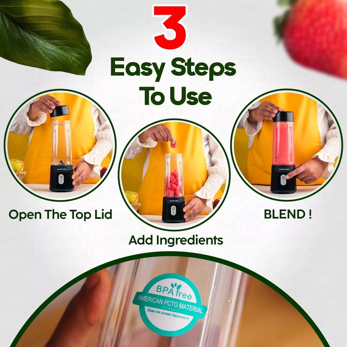 InstaCuppa Portable Blender USB Rechargeable 500ML for Smoothies & Ice Crushing