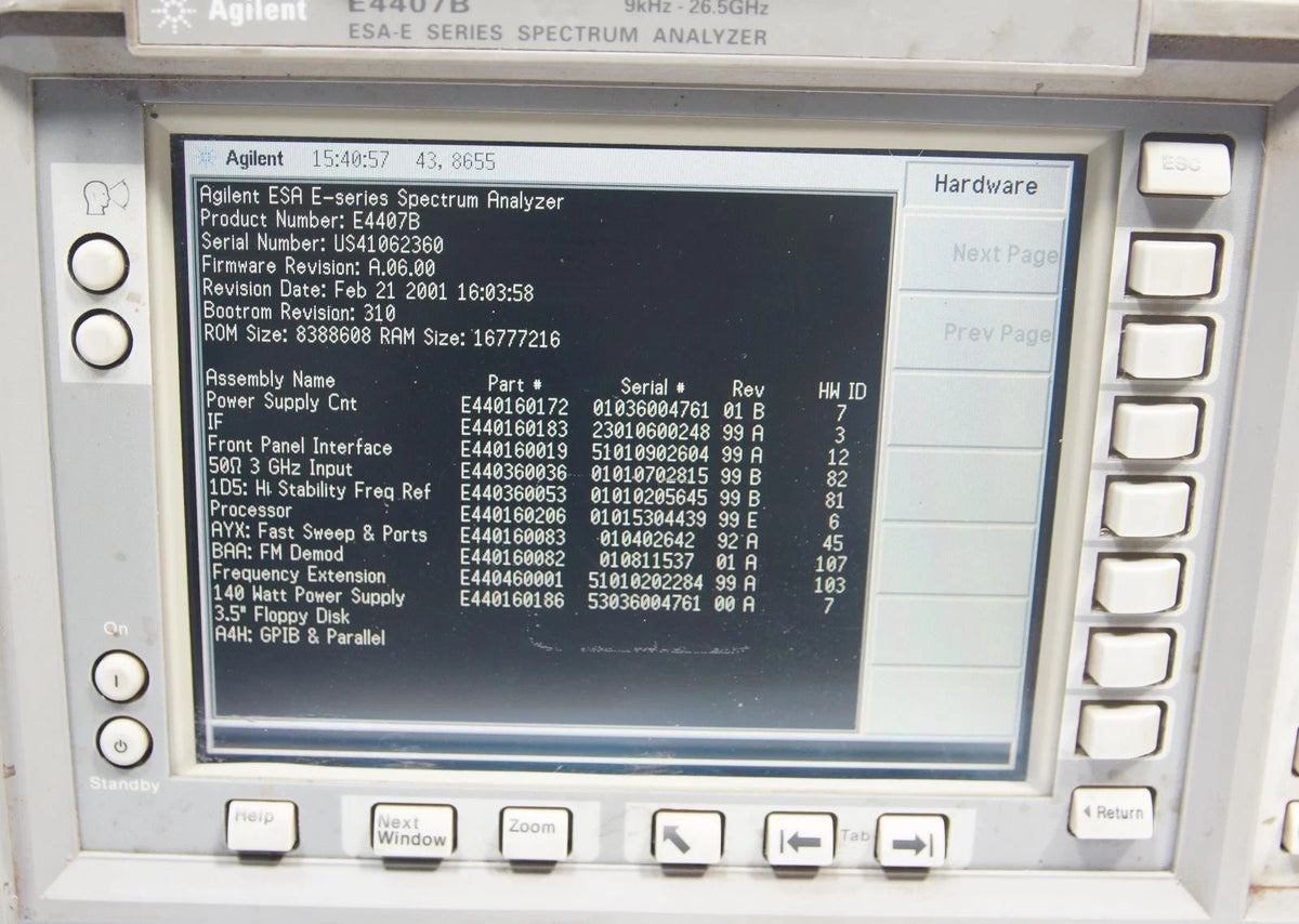 HP Agilent E4407B 9kHz - 26.5GHz Spectrum Analyzer Options AYZ 1DR 1D5 A4H AYX