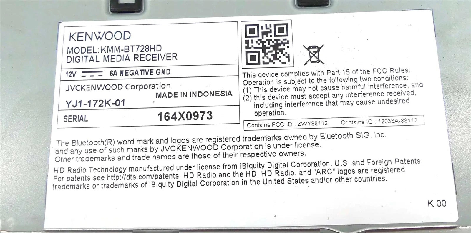 KENWOOD KMM-BT728HD DIGITAL MEDIA RECEIVER - Free shipping