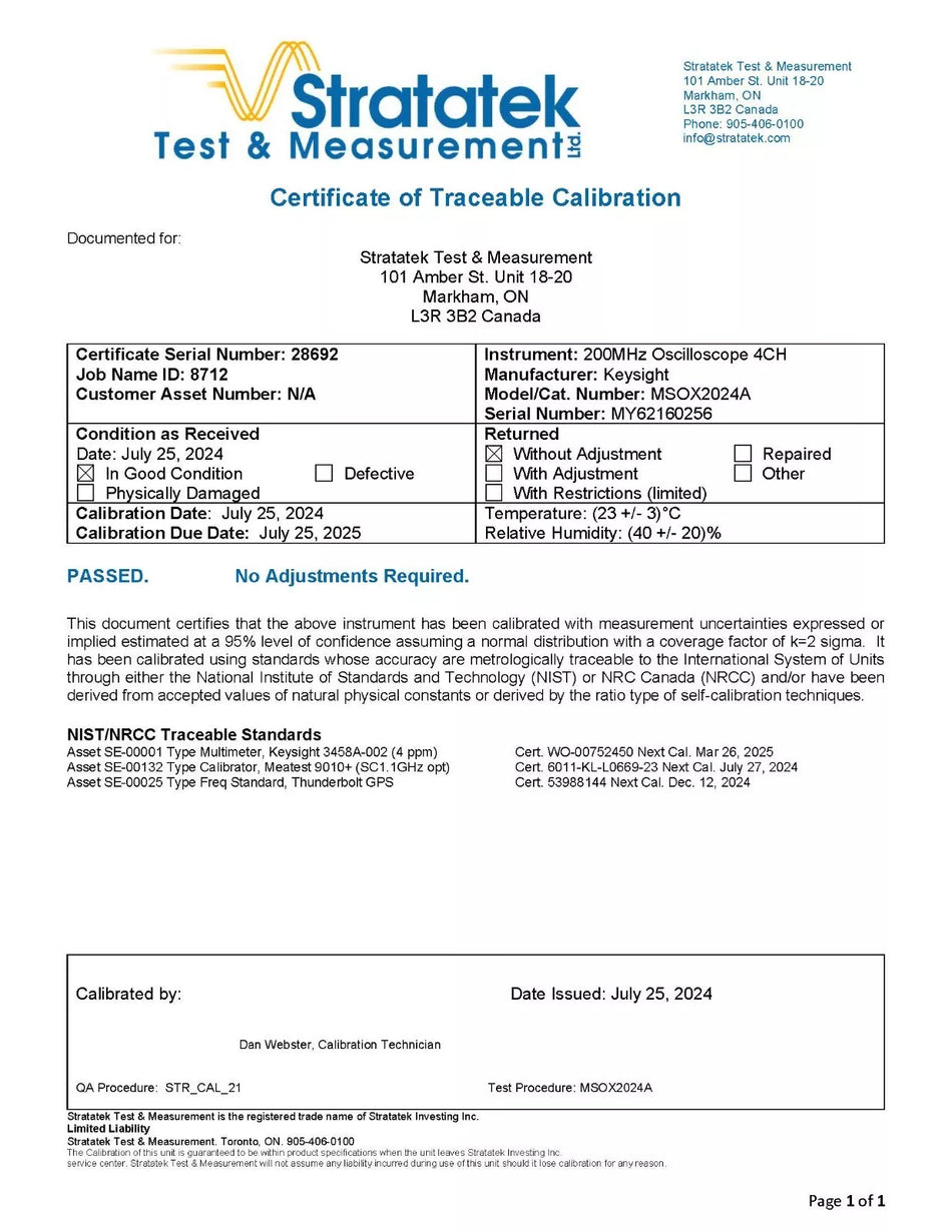 Keysight MSOX2024A Mixed Signal Oscilloscope 200MHz 4CH 2GSa/s NIST Calibrated