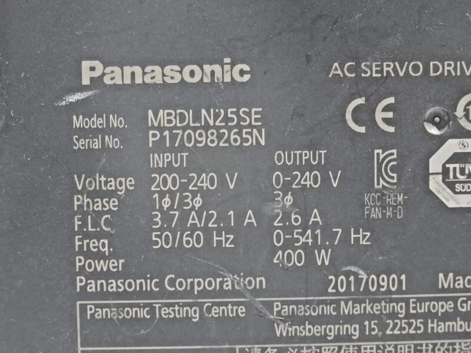Panasonic MBDLN25SE AC Servo Drive 400W 0-240V 2.6A 1/3 Phase Tested