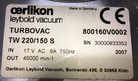Oerlikon Leybold Turbovac TW 220/150 S Turbo Vacuum Pump 800160V0002