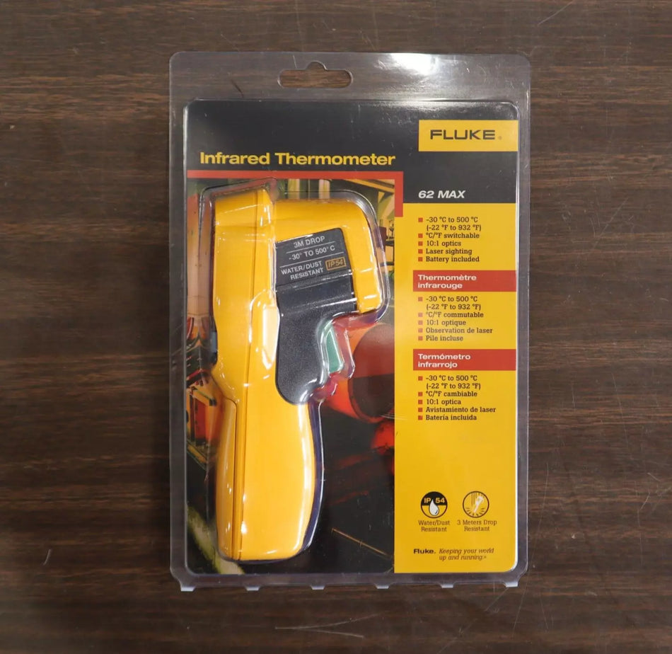 Fluke 62MAX Infrared Thermometer, Backlit LCD, -22 Degrees to 932 Degrees F