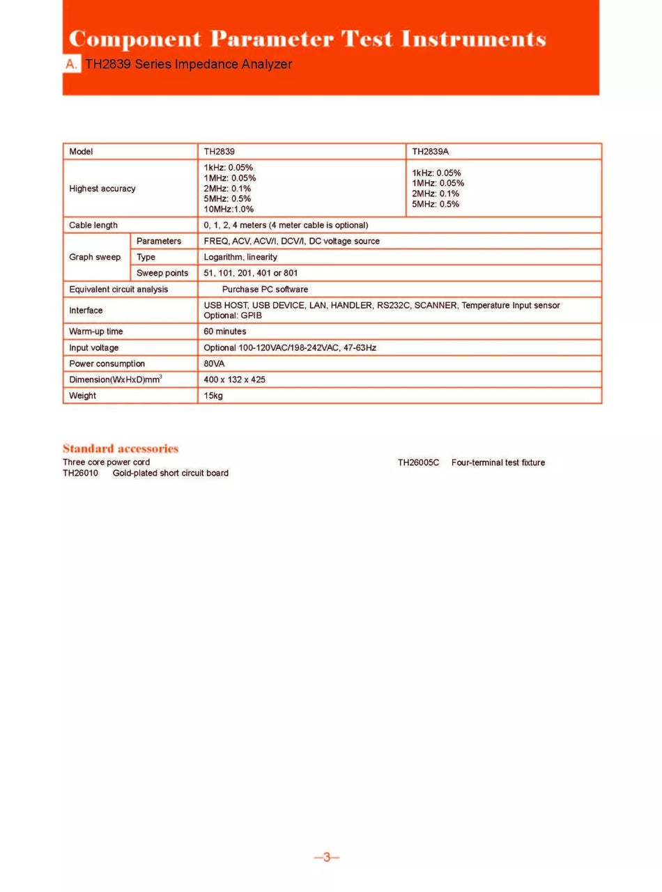 Tonghui TH2839 Impedance Analyzer High Speed Auto Balance 20Hz-10MHz