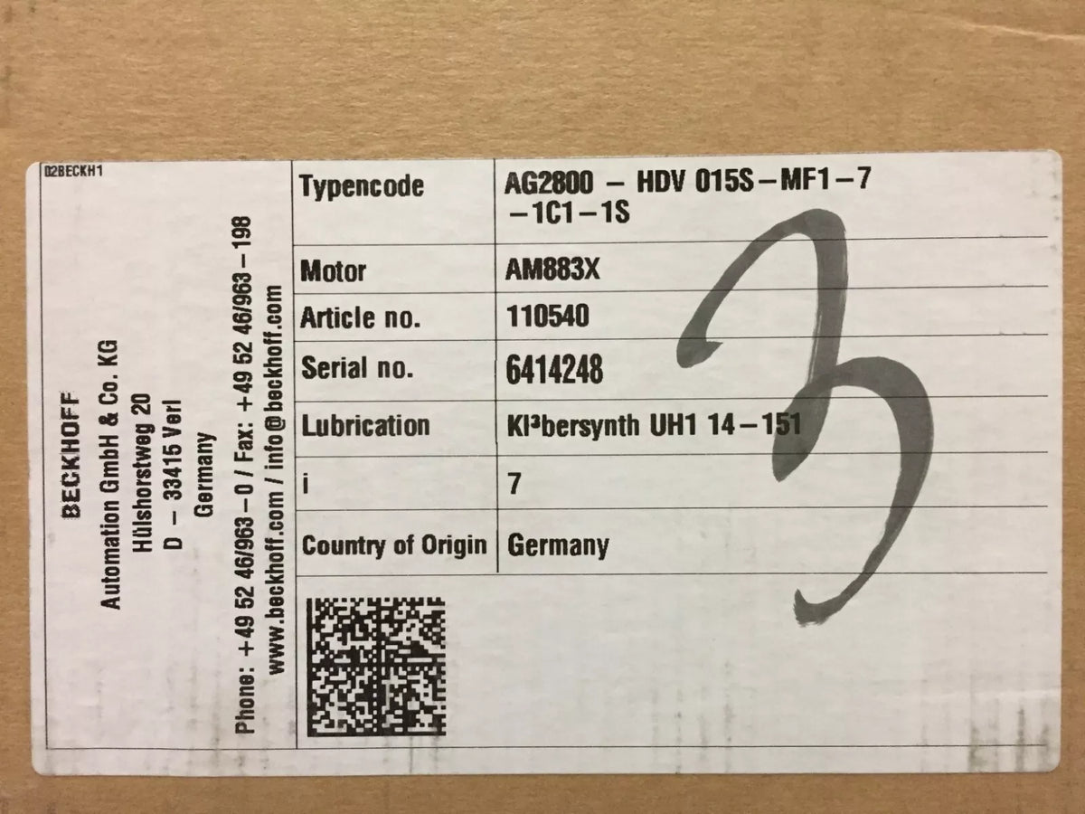 Beckhoff AG2800-HDV015S-MF1-7-1C1-1S SS Planetary Gearbox for AM883X Motors