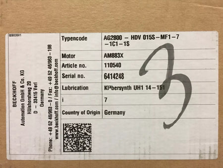 Beckhoff AG2800-HDV015S-MF1-7-1C1-1S SS Planetary Gearbox for AM883X Motors