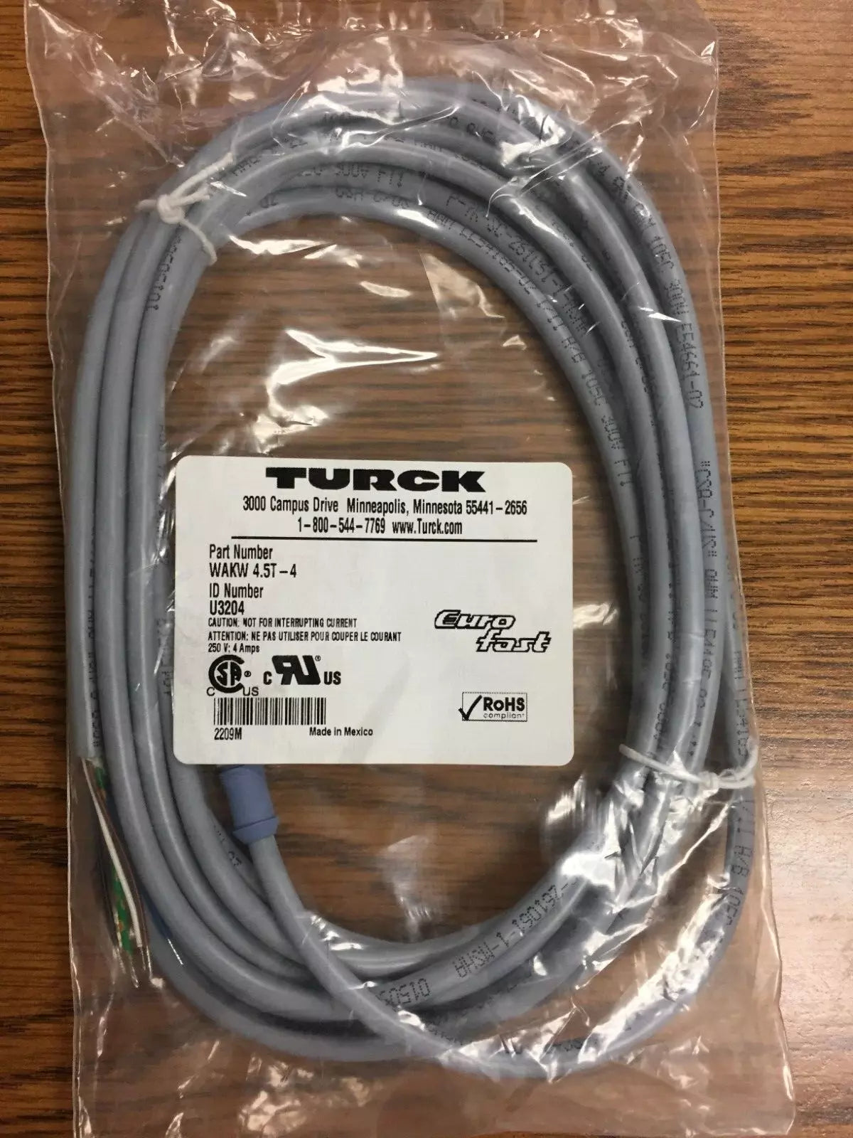 Turck WAKW 4.5T-4 U3204 Cordset M12 Female Straight 5 Wire 4M PVC Grey