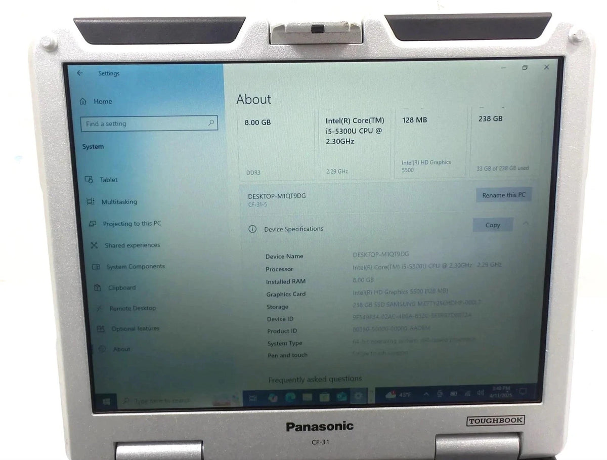 Panasonic Toughbook CF-31 Core i5-5300U 2.3GHz 8GB 256GB SSD Win 10 Pro