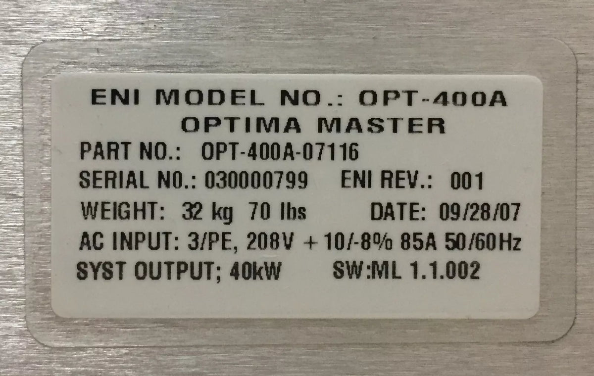 ENI OPT-400A MKS Optima Master DC Plasma Generator