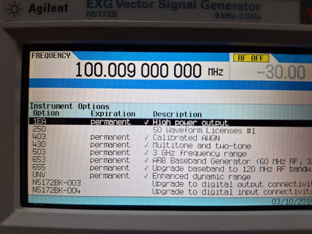 Keysight N5172B 3GHz Signal Generator with Options 1EA, 403, 503, 653, 655, and UNV