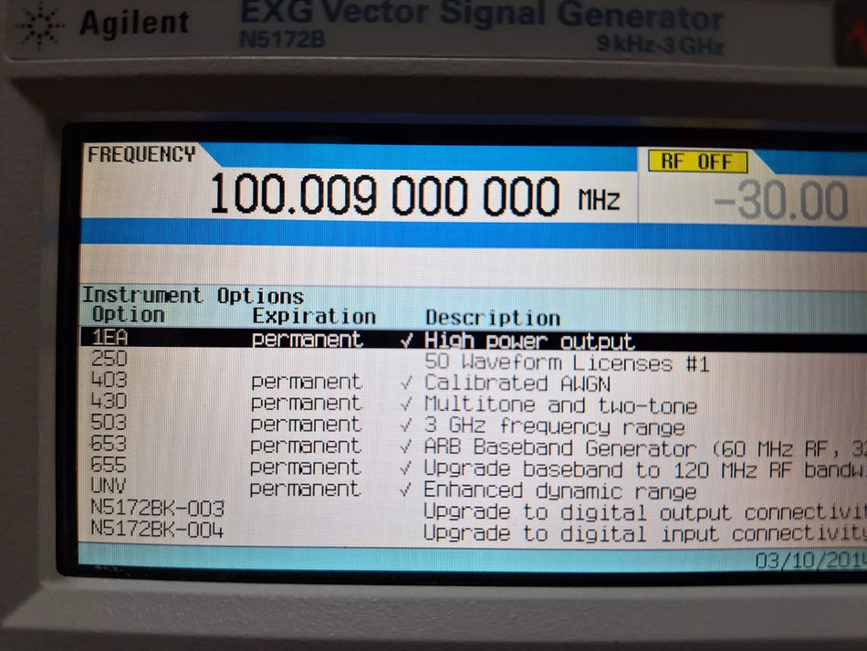 Keysight N5172B 3GHz Signal Generator with Options 1EA, 403, 503, 653, 655, and UNV