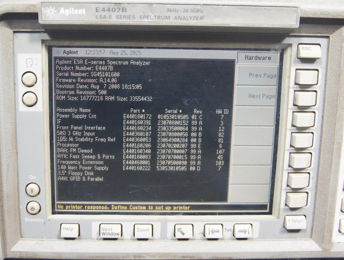HP Agilent E4407B 9kHz - 26.5GHz Spectrum Analyzer Options B72 A4H BAA AYX Freq