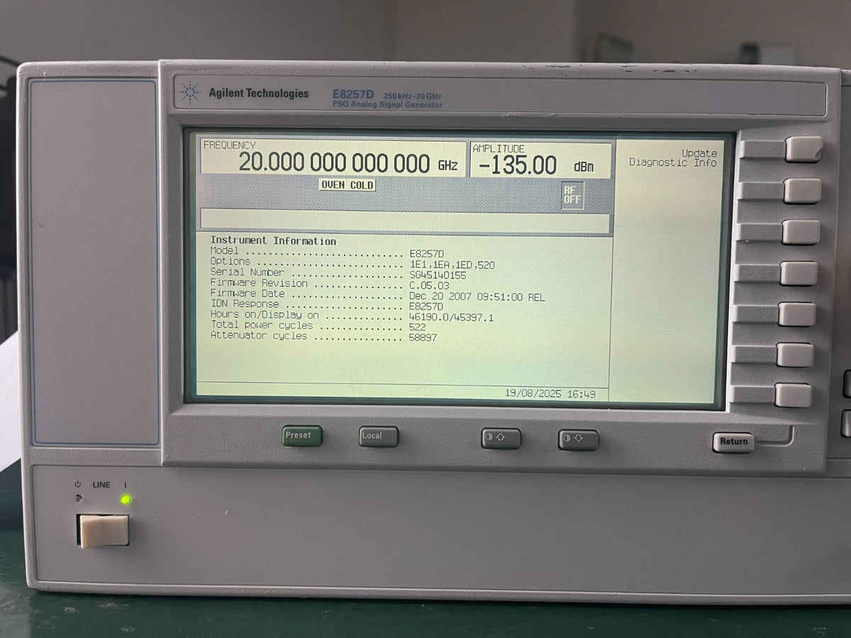 Agilent E8257D PSG 250KHz - 20GHz Analog Signal Generator w/ 1E1 , 1EA, 1ED, 520