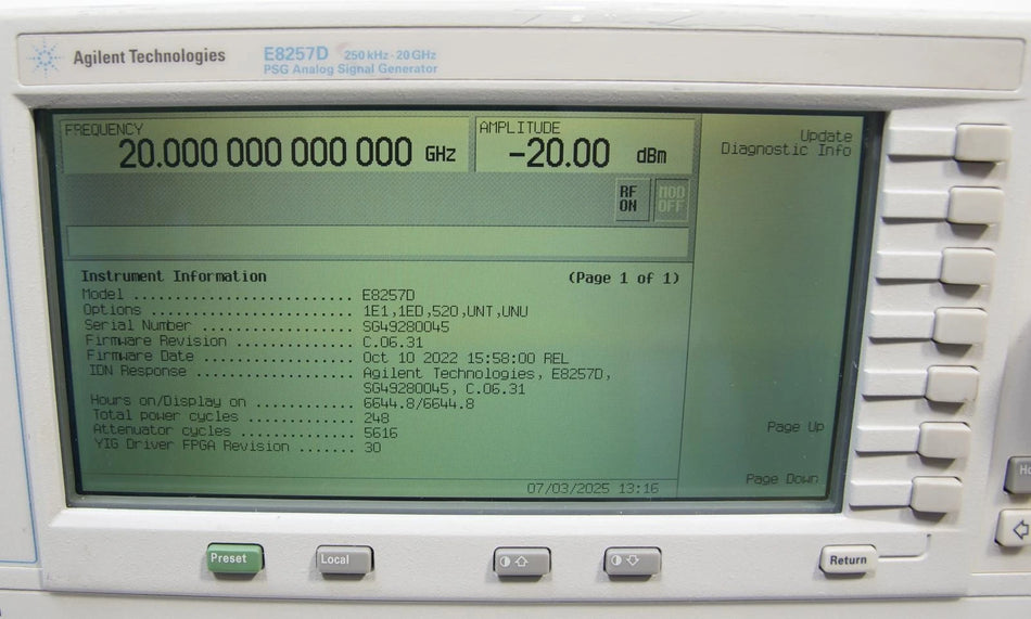 Agilent E8257D PSG 250kHz -20GHz Analog Signal Generator 1E1 1ED 520 UNT UNU