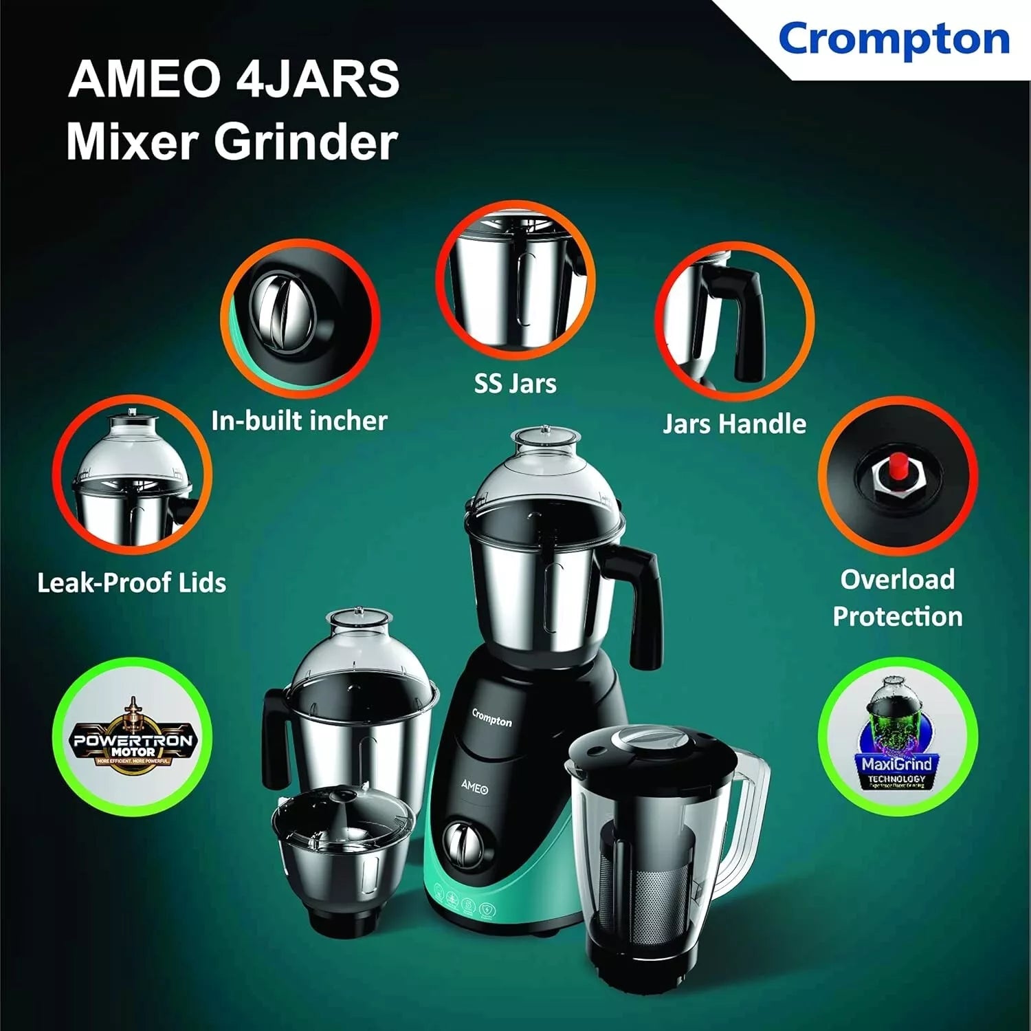 Crompton Ameo 750W Mixer Grinder Black & Green with 3 Steel Jars and 1 Juicer