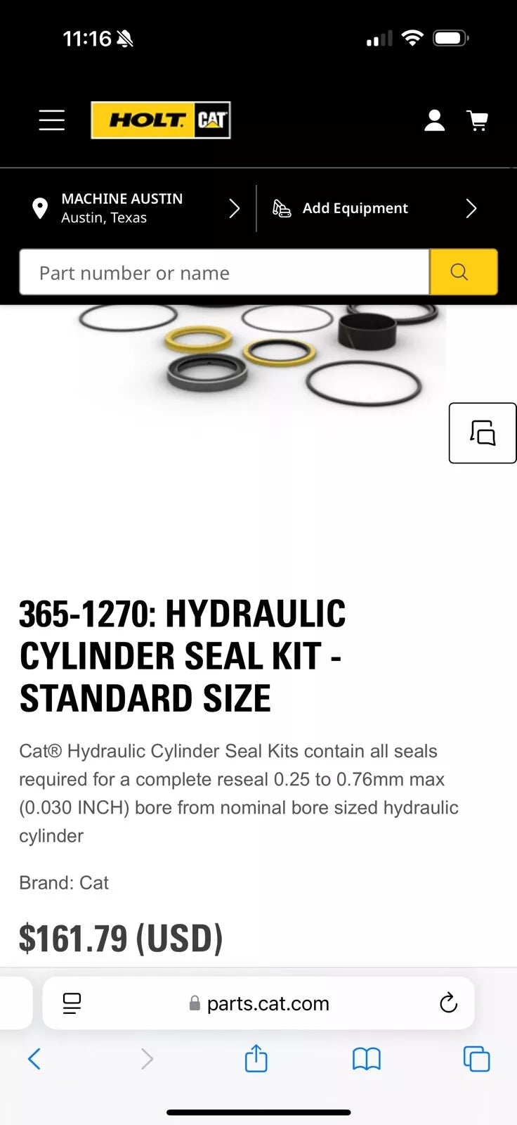 CAT 365-1270 Hydraulic Cylinder Seal Kit - Standard Size (Genuine OEM)