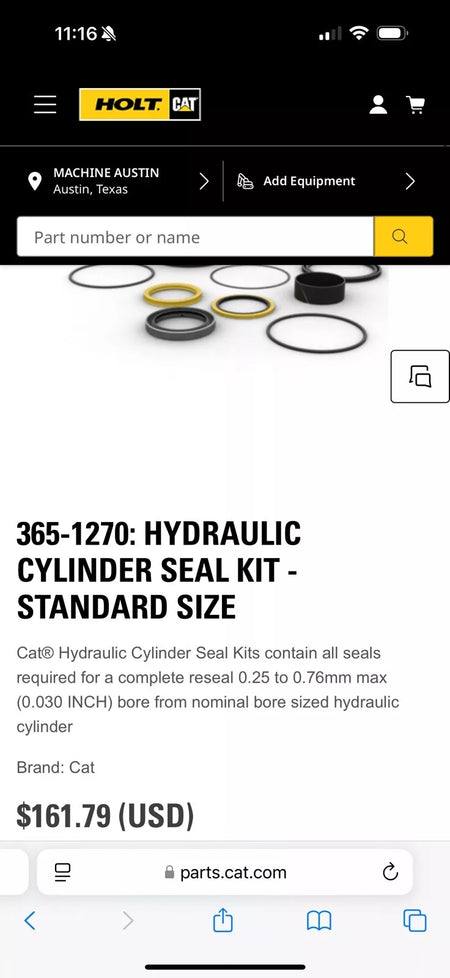CAT 365-1270 Hydraulic Cylinder Seal Kit - Standard Size (Genuine OEM)