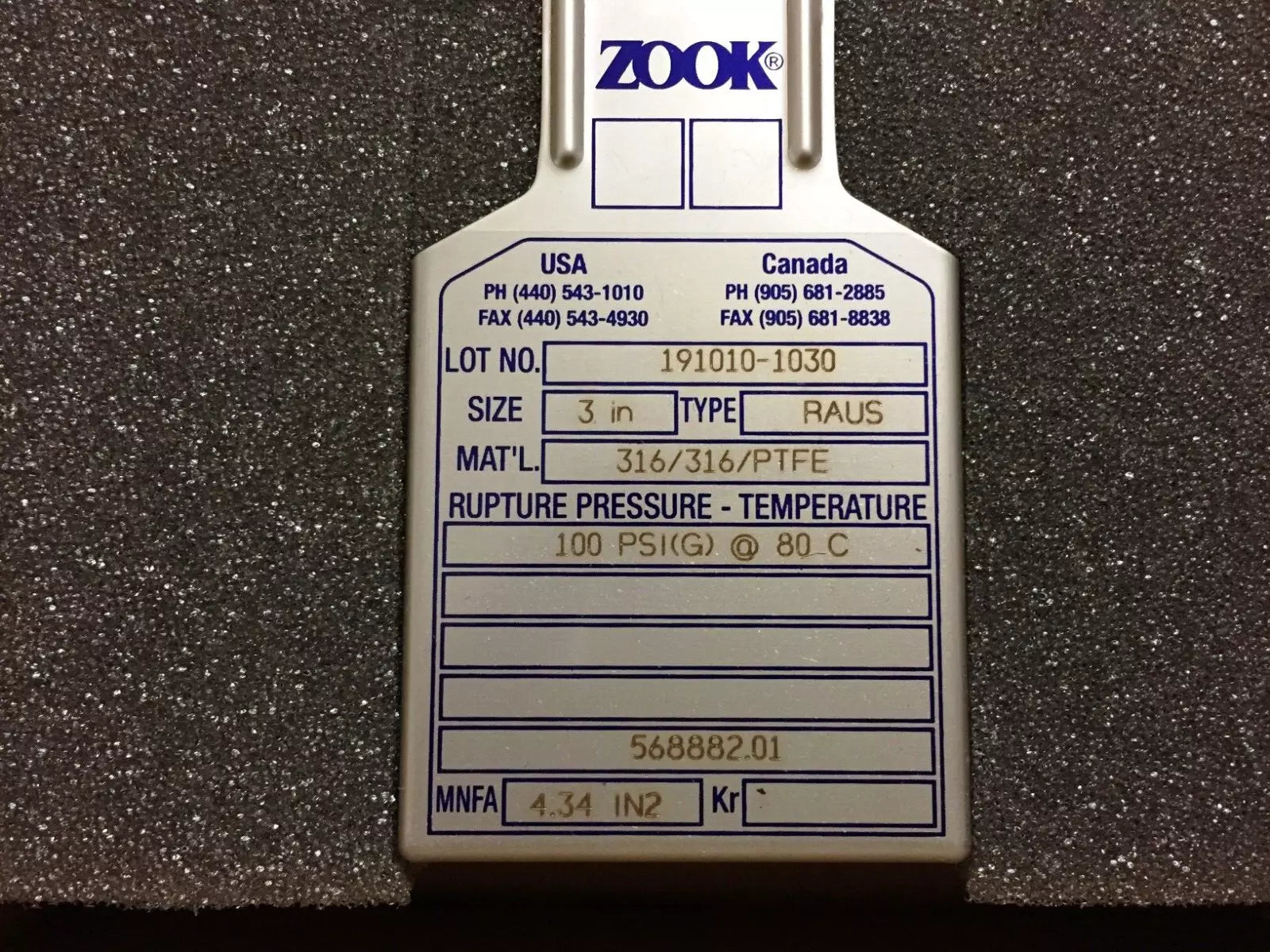 Zook Model RAUS Sanitary Rupture Disk Size 3” 100PSI (G) at 80°C