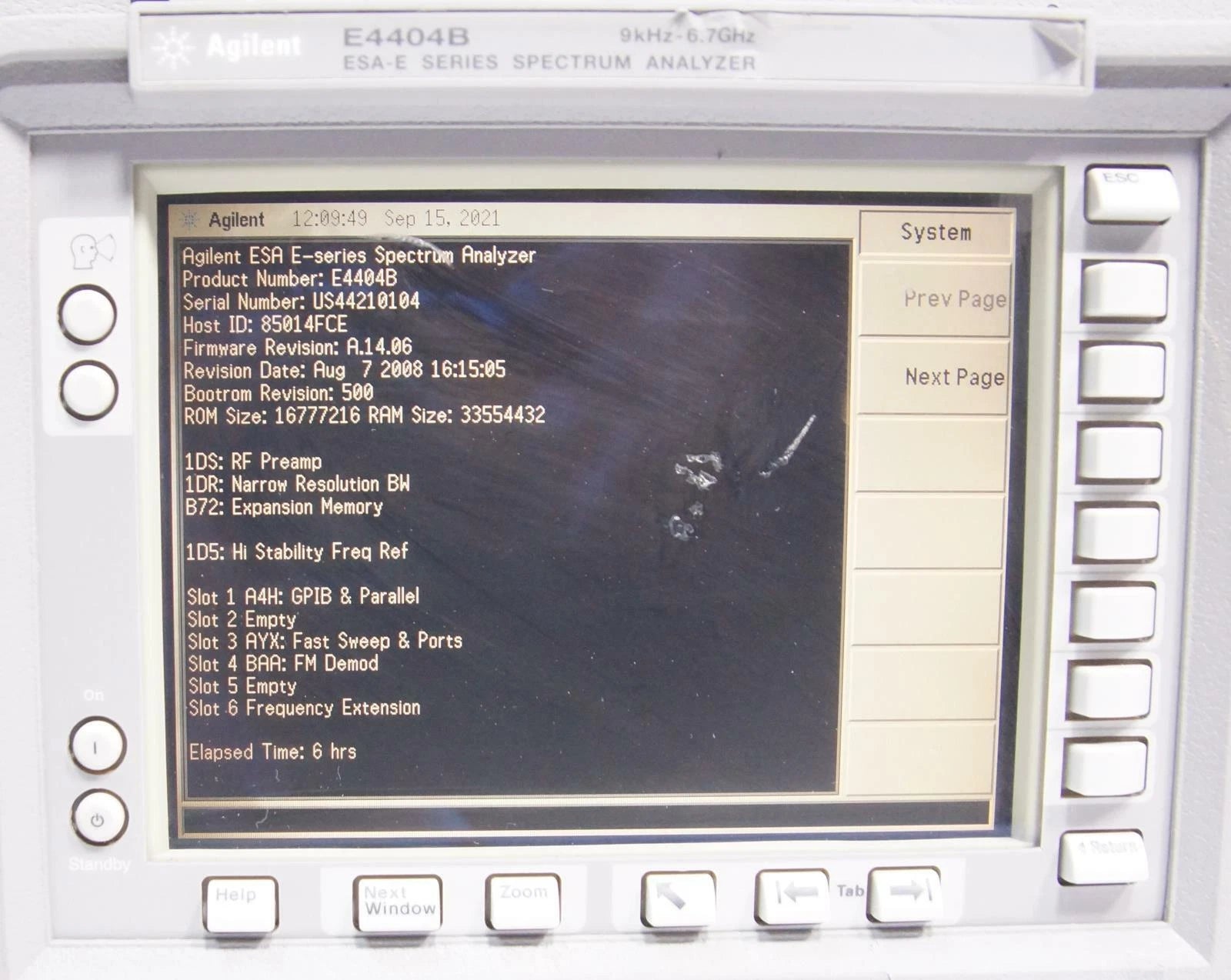 HP Agilent ESA E4404B 9kHz - 6.7GHz Spectrum Analyzer Options A4H BAA B72 AYX