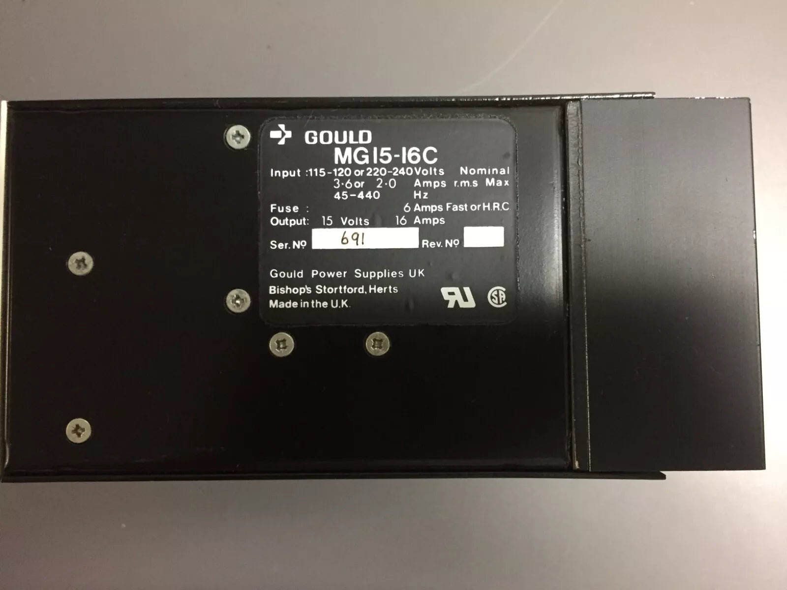 Gould P/N MG15-16C DC Power Supply, Input 115-120V or 220-240V, Output 15V 16A