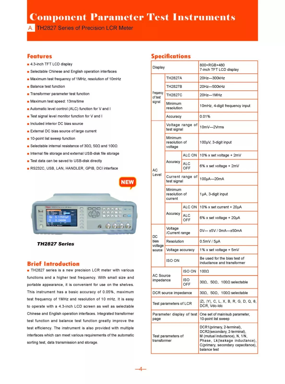 Tonghui TH2827C Series LCR Meter 20Hz-1mHz 10mV-2Vrms 0.01% Accuracy - XG eqpt