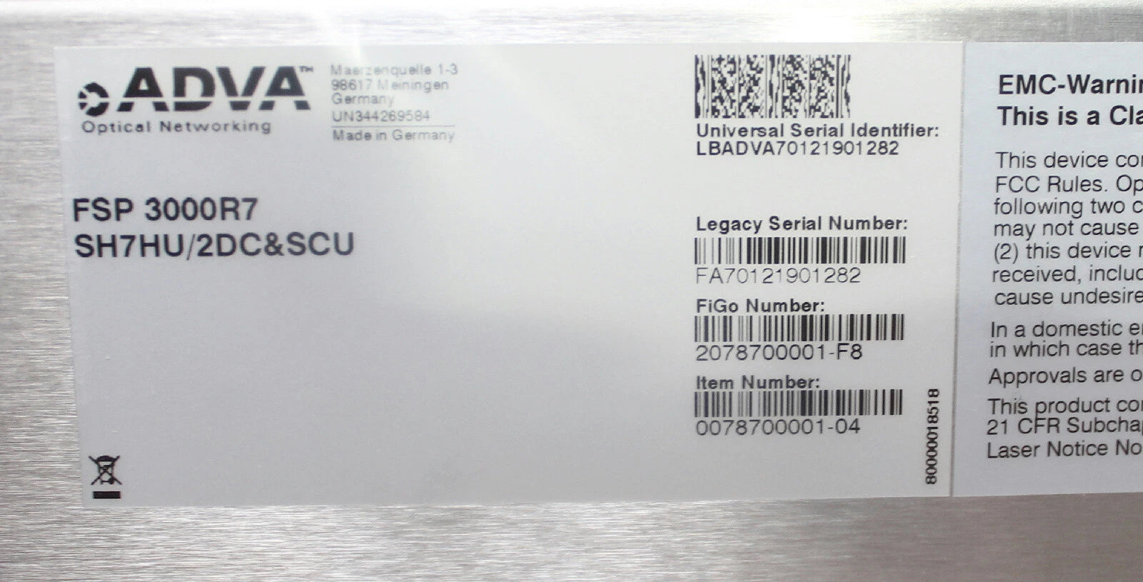 ADVA FSP 3000R7 Optical Fiber Service Platform SH7HU / 2DC & SCU